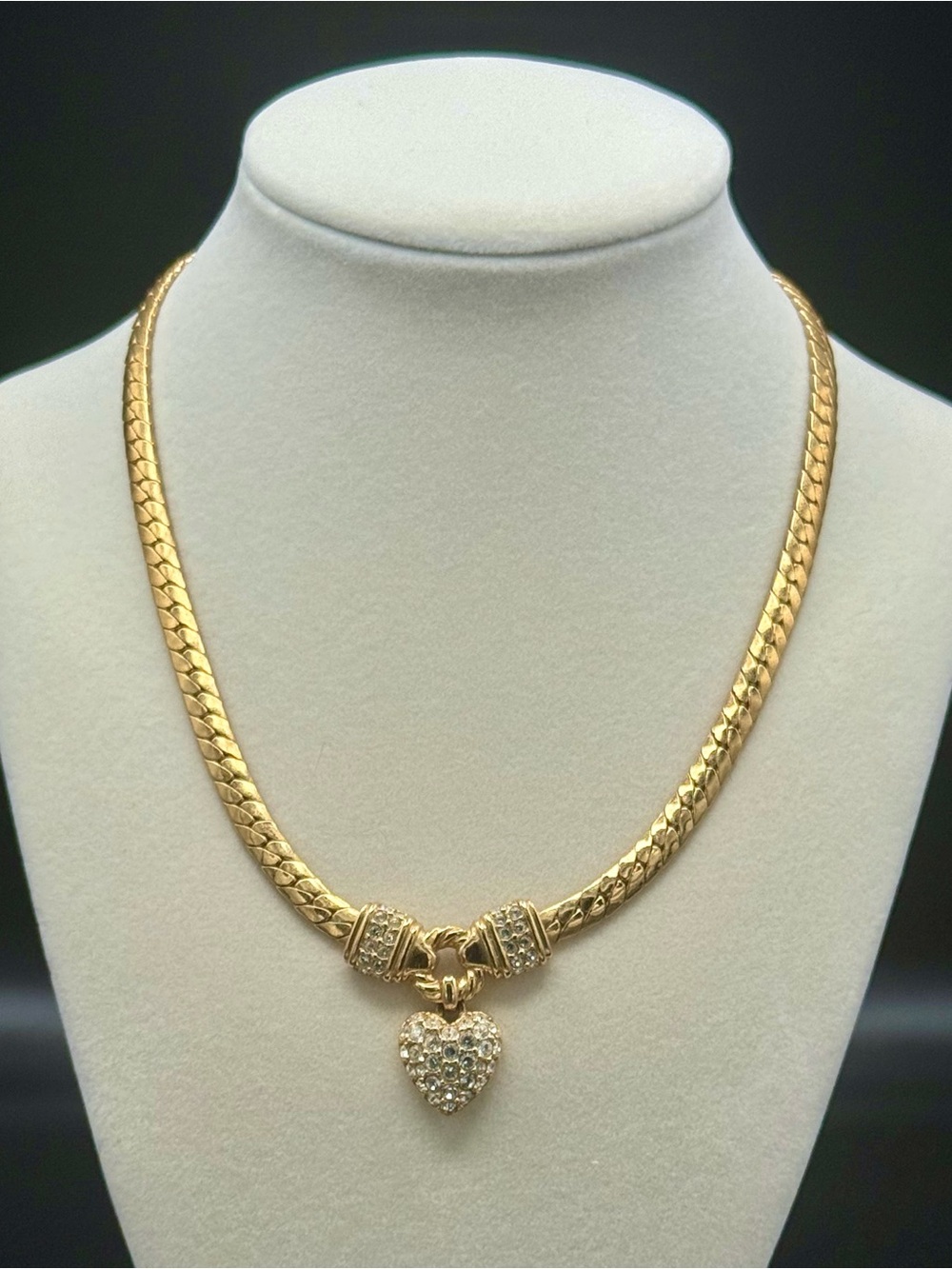 Vintage Swarovski Swan Signed Pave Crystal Heart Gold Herringbone Necklace